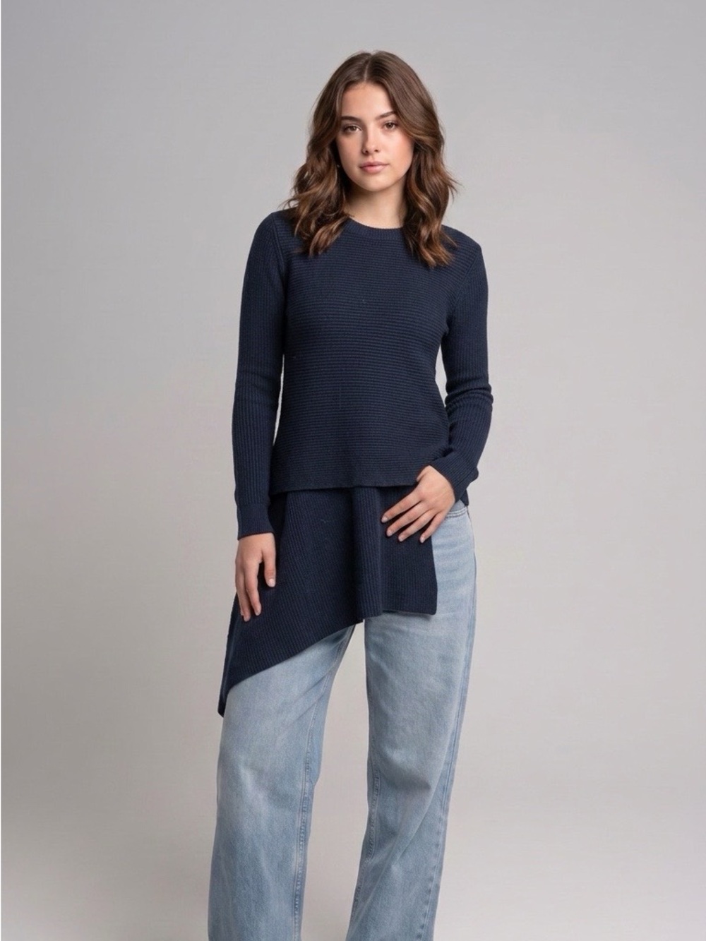 Bailey 44 Sweater Womens XS Navy Asymmetrical Layered Tunic Wool Blend Ribbed